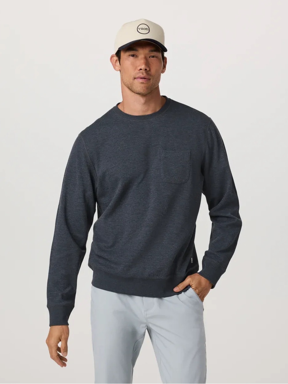 Vuori Jeffrey’s Crew 2.0 Crew Neck Pullover Sweatshirt Navy Heather Size Large